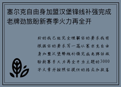 塞尔克自由身加盟汉堡锋线补强完成老牌劲旅盼新赛季火力再全开